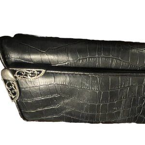 Bueno Croc Leather Checkbook Wallet w/ Woven Flap BLACK Silver Trim